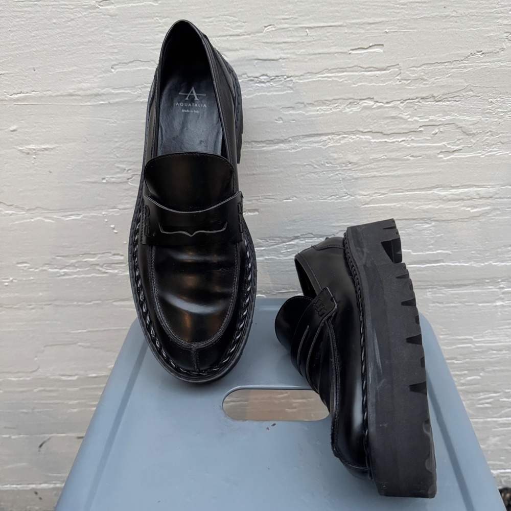 Aquatalia Platform Penny Loafers 10 Black Leather Chunky Lug Sole Waterproof y2k - Picture 5 of 11